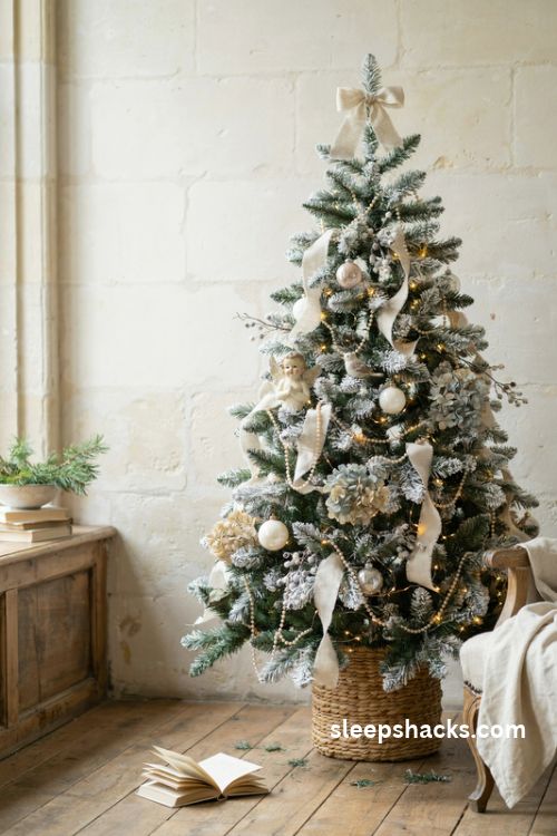 Soft white and cream French country Christmas tree with linen bows pearl garland vintage glass ornaments and a woven basket base