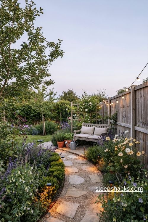 Solar garden lights along a curved path with warm string lights and cozy patio seating