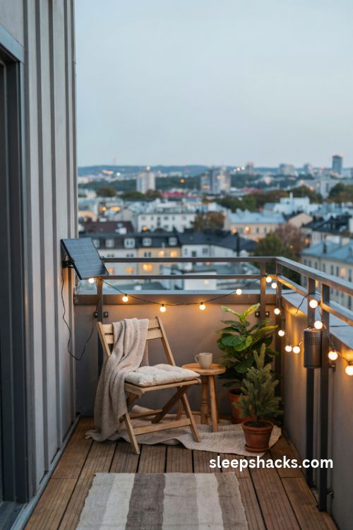 Solar string Christmas lights on a cozy balcony with a railing-mounted solar panel