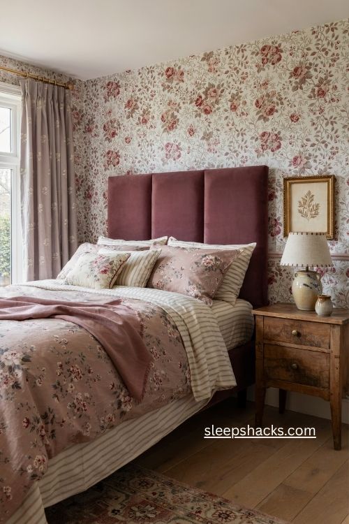 Solid plum headboard anchoring a layered patterned purple bedroom