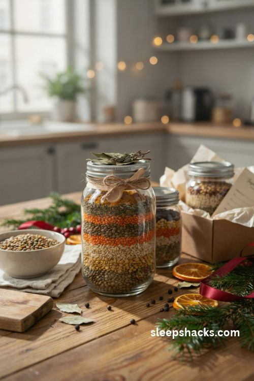 Soup mix in a jar with colorful dried lentils and rustic homemade christmas food gift ideas