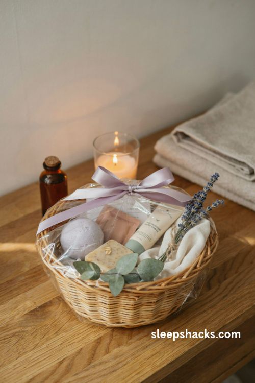 Spa gift basket idea with lavender bath bomb oatmeal soap hand cream soft washcloth and cozy self care essentials