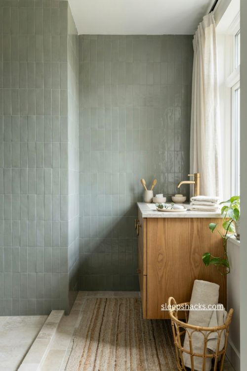 Spa sage green tile bathroom with warm oak vanity marble and brass