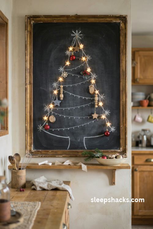 Space saving chalkboard Christmas tree with hanging ornaments and paper star lights in a small kitchen