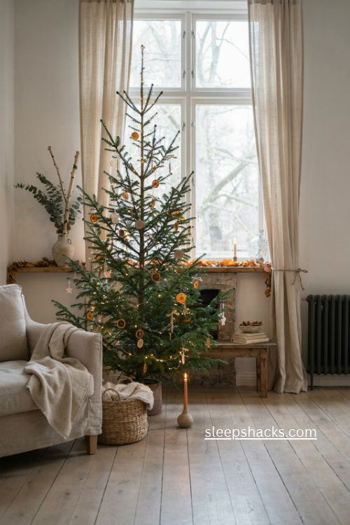 Sparse Christmas tree by window Nordic winter living room decor 