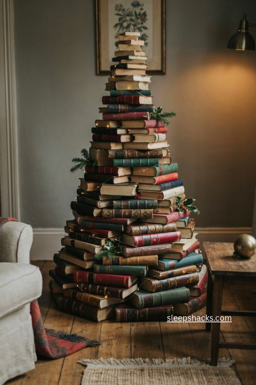 Spine showcasing book christmas tree with colorful vintage covers and warm lights 