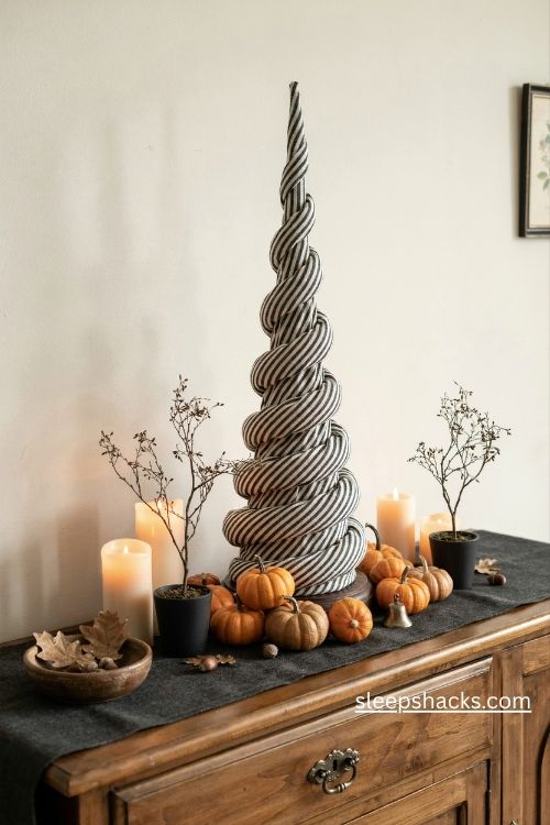 Spiral hill nightmare before christmas centerpiece with striped fabric and mini pumpkins