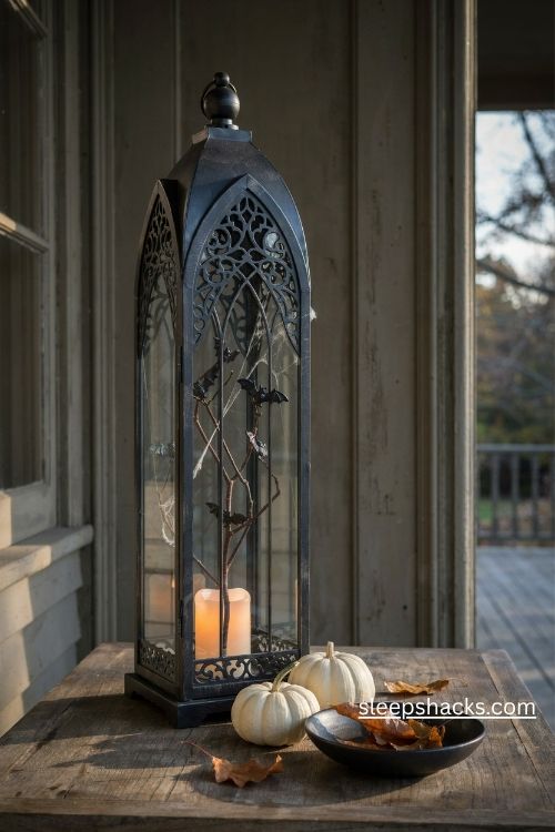 Spooky black Gothic lantern with bare branches black bats and white pumpkins 