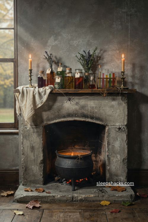 Spooky potion shelf fireplace decor with vintage jars cauldron and cheesecloth 