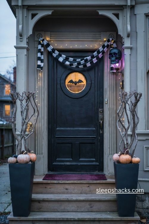 Spooky welcome door with striped garland black planters orange pumpkins and purple lights
