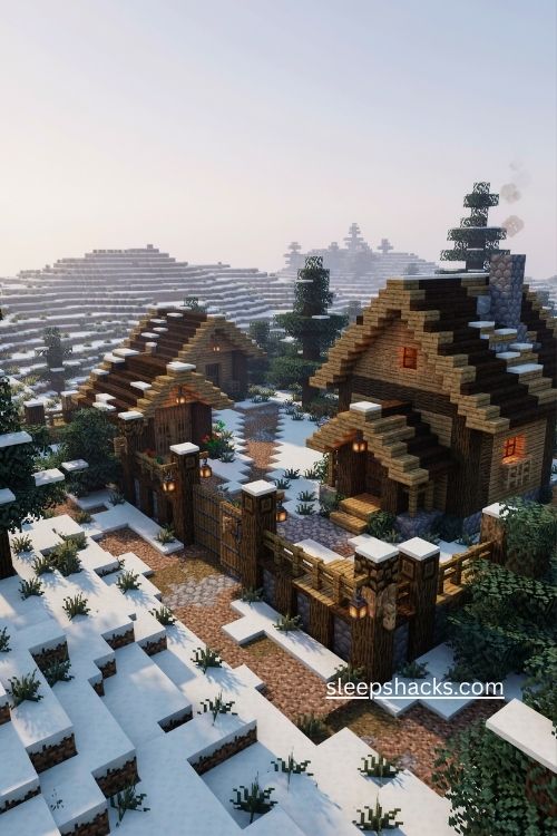 Spruce fence Minecraft ideas with dark trim and cozy cabin style