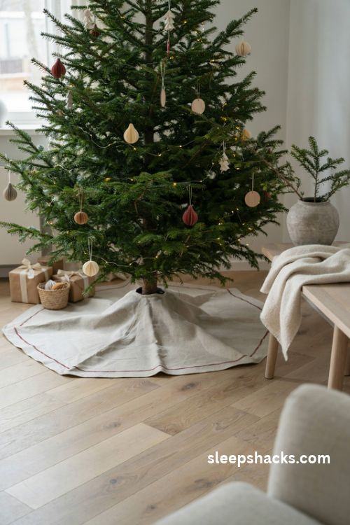 Square envelope christmas tree skirt pattern in minimalist ivory linen with red trim