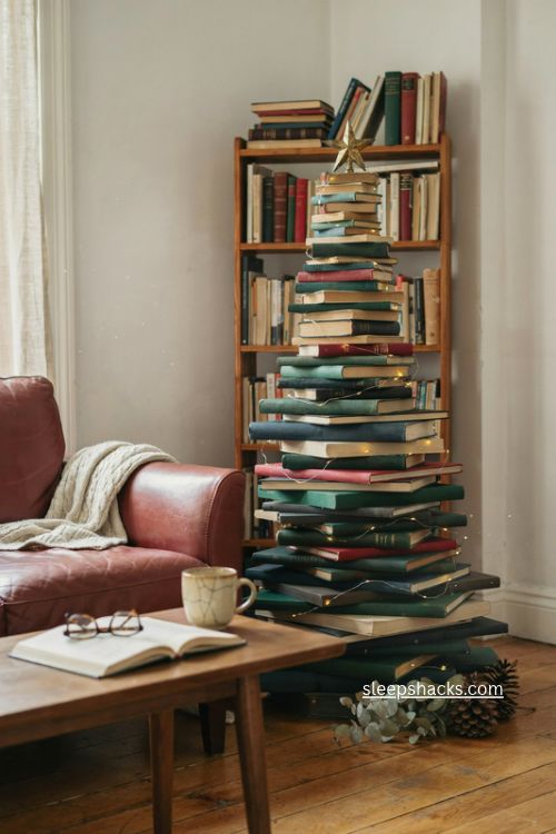 Stack of books christmas tree with string lights and tiny star in cozy vintage living room 