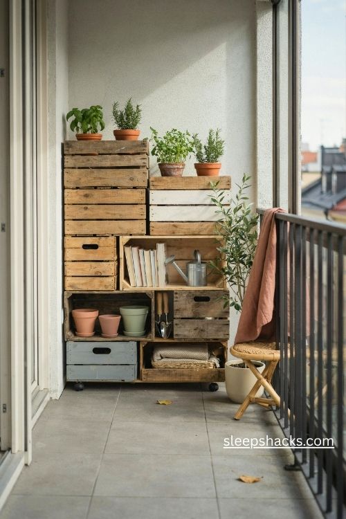 Stackable wooden crates for small balcony storage with rustic DIY shelves and plants 