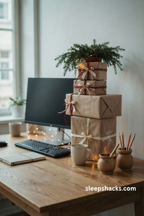 Stacked Christmas gift boxes wrapped in kraft paper and red string as festive desk decorations