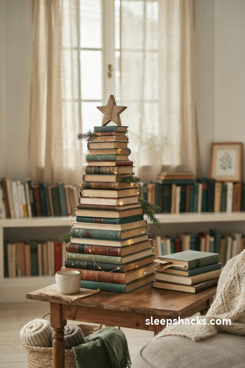 Stacked book christmas tree with vintage books warm fairy lights and rustic wooden star