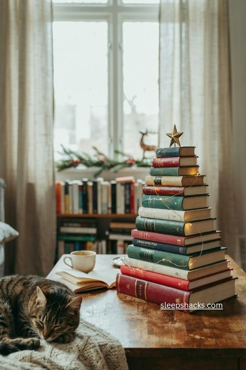 Stacked book christmas tree with vintage hardcover books and warm holiday lights 