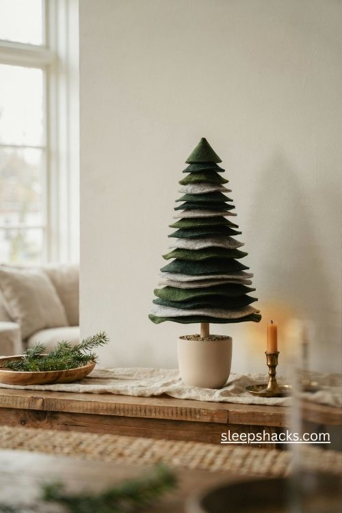 Stacked felt circle Christmas tree in forest green and sage on a wooden dowel