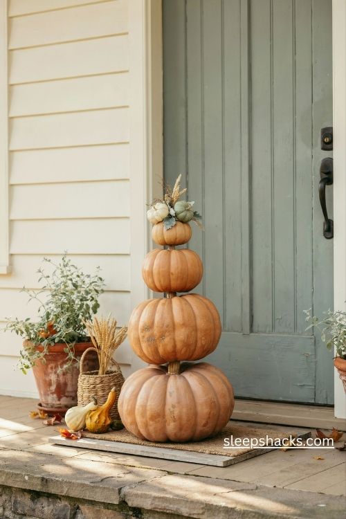 Stacked pumpkin tree in cream orange and sage green for fall porch decor