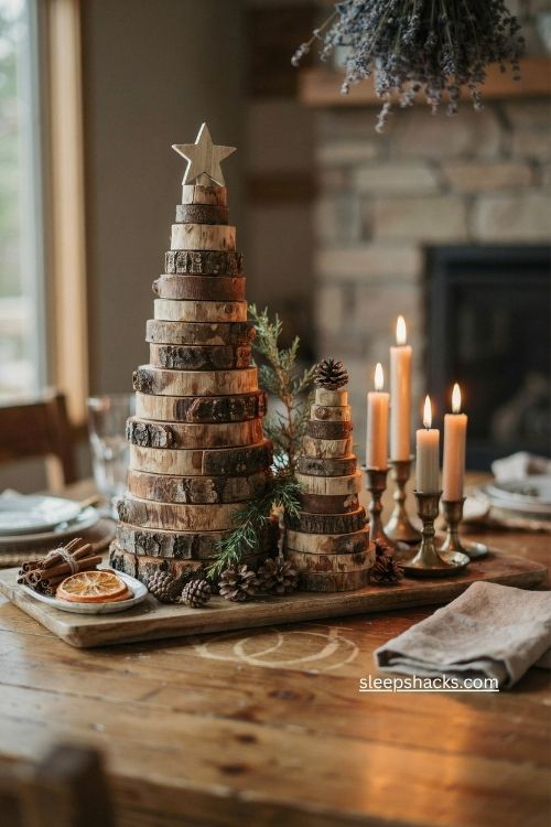 Stacked wood slice christmas tree with rustic cabin decor and candles 