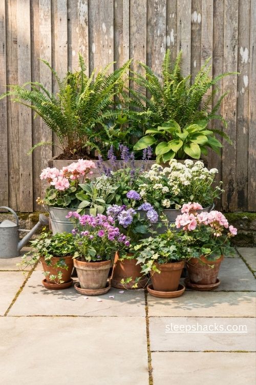 Staggered height planters with hostas ferns and colorful flowers on a small patio