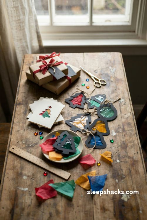 Stained glass Christmas gift tags and handmade cards with colorful tissue paper windows and rustic twine