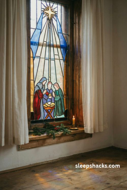 Stained glass Christmas nativity panel with a golden star and jewel toned stable scene