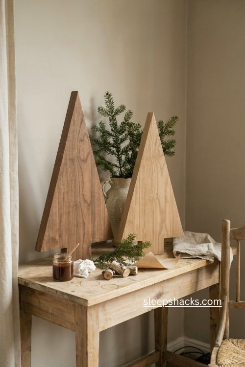 Stained pine wood Christmas trees with natural rustic grain and warm tones