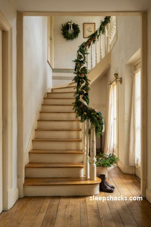 Stairwell Christmas decor with evergreen garland cream ribbon warm fairy lights and natural pinecones along a farmhouse staircase