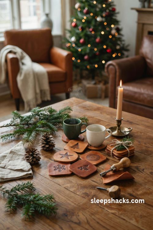 Stamped leather Christmas coasters with rustic stars trees and snowflake designs