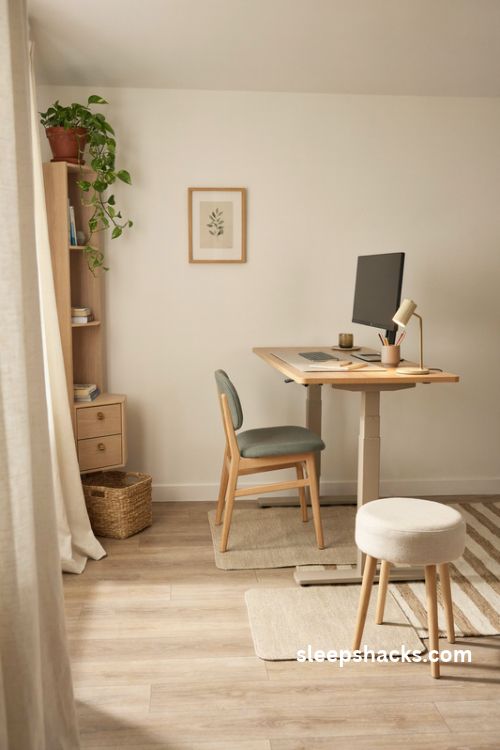 Standing and sitting home office layout with an adjustable desk and comfortable standing zone