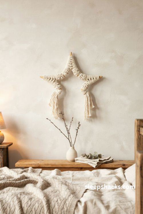 Star shaped cream macrame christmas wreath with cotton fringe and rustic wooden details