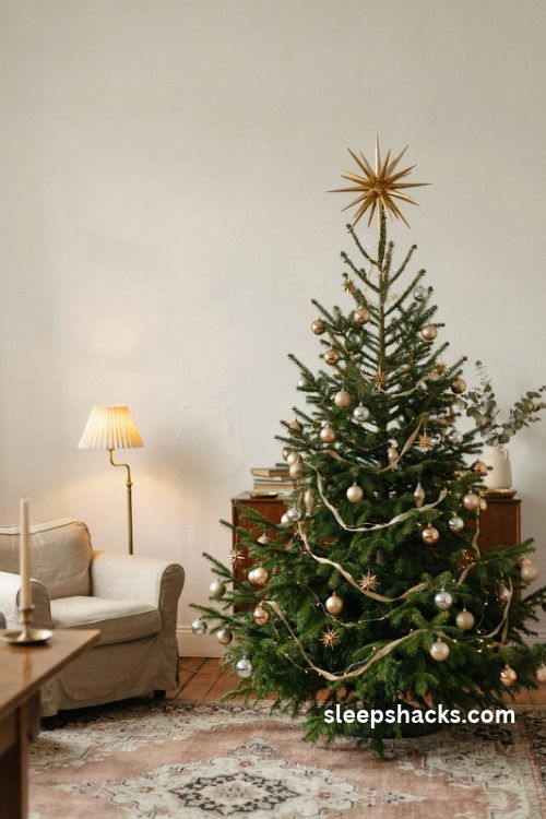 Starburst christmas tree topper with dramatic gold rays and glamorous metallic ornaments