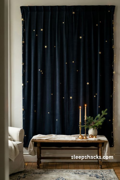 Starry night christmas photo backdrop with navy velvet fabric and gold paper stars