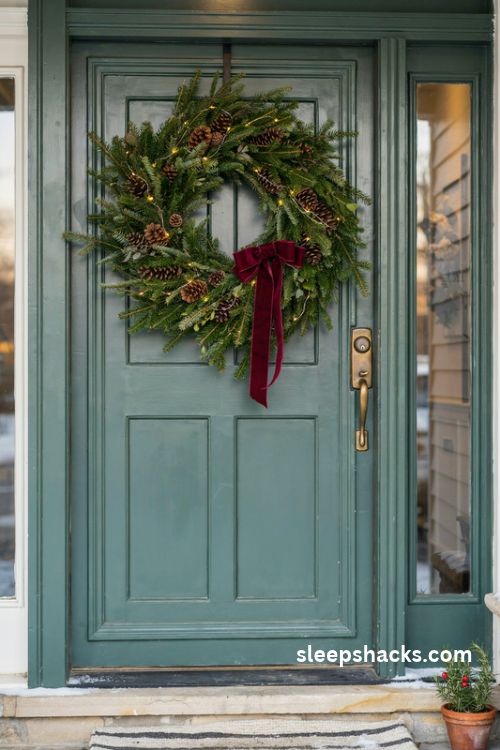 Statement Christmas wreath on a front door with lush fir branches pinecones velvet red bow and warm fairy lights