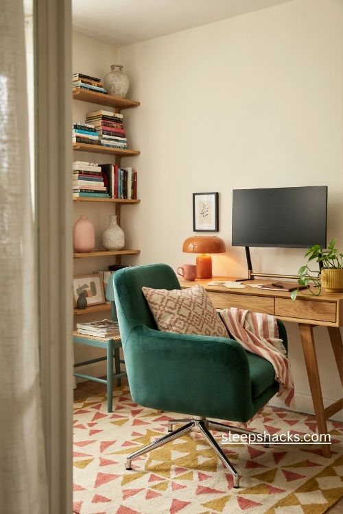 Statement chair in a funky home office with emerald green velvet seating and colorful eclectic decor 