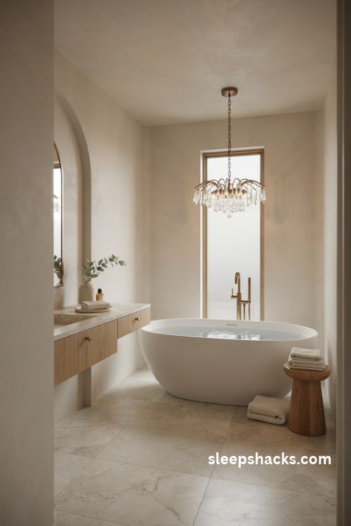 Statement crystal chandelier above a freestanding bathtub in an elegant marble luxury bathroom