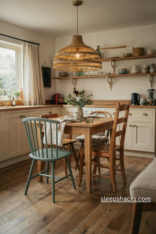 Statement rattan pendant light above a cozy farmhouse kitchen table