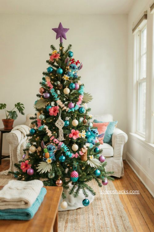 Stitch Christmas tree with blue purple turquoise ornaments tropical flowers and Disney holiday decor 