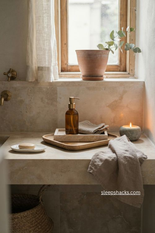 Stone clay and earthy materials for warm fall bathroom decor