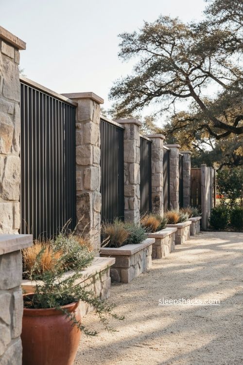 Stone columns with corrugated steel fence panels and elegant rustic backyard landscaping