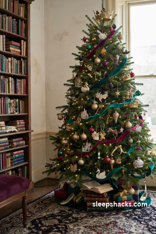 Storybook fairytale Christmas tree with miniature books golden keys glass slippers emerald ribbons and jeweled crown topper