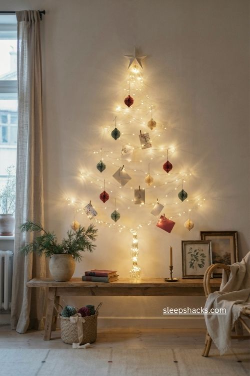 String light wall christmas tree with cozy warm lights and simple holiday decor 