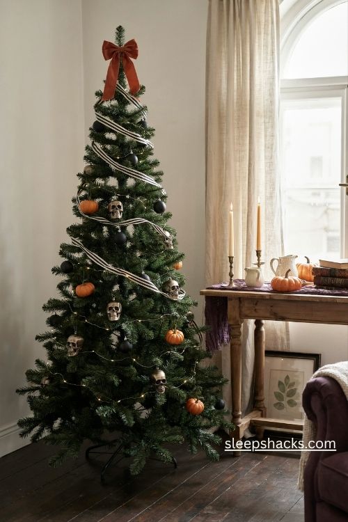 Striped black and white christmas tree with orange bows and nightmare before christmas ornaments