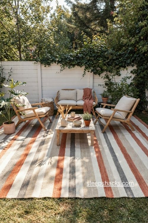 Striped outdoor rug enclosed patio ideas with cozy seating and natural decor