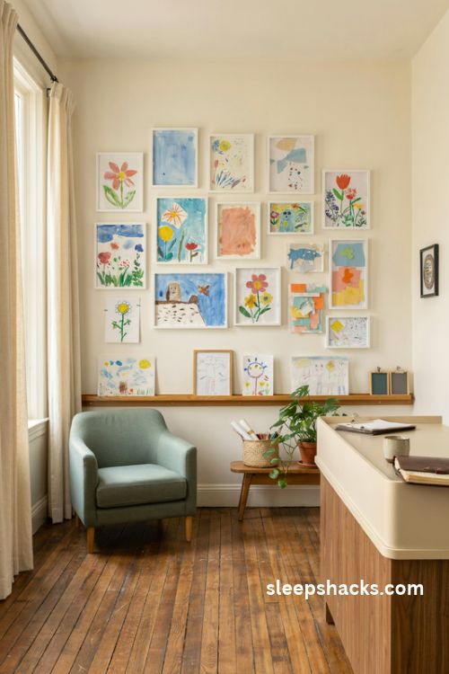 Student artwork gallery wall in a warm school office with colorful kids paintings and simple picture frames