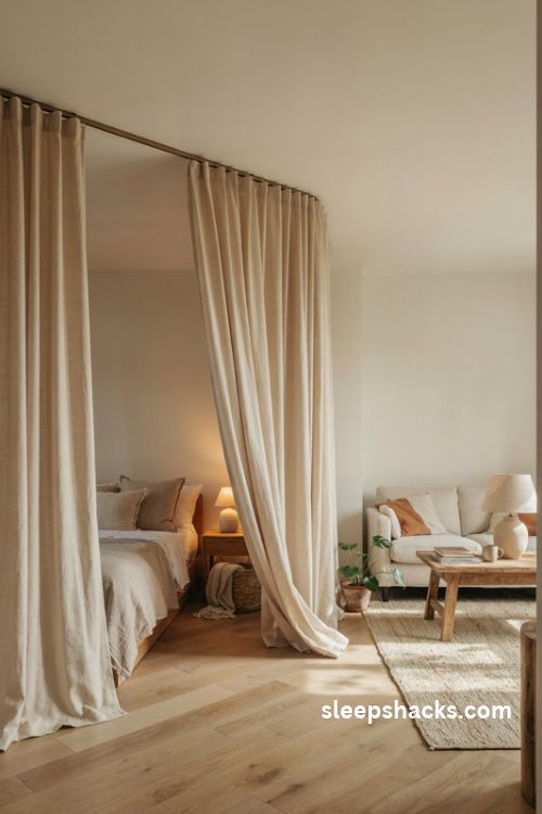 Studio apartment bedroom separated by ceiling mounted floor length linen curtains