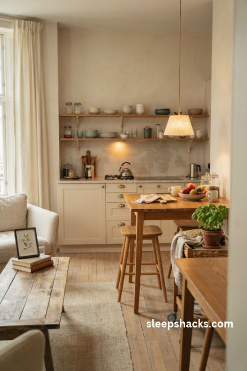 Studio apartment kitchen peninsula with two tucked in stools and a cozy dining counter