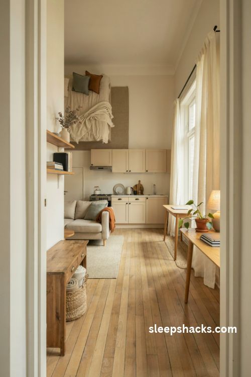 Studio apartment layout ideas with a cozy bed living room workspace and smart space saving furniture