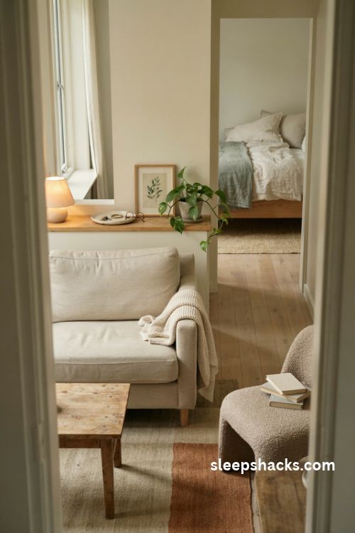 Studio apartment layout with a floating sofa divider and slim console table behind it